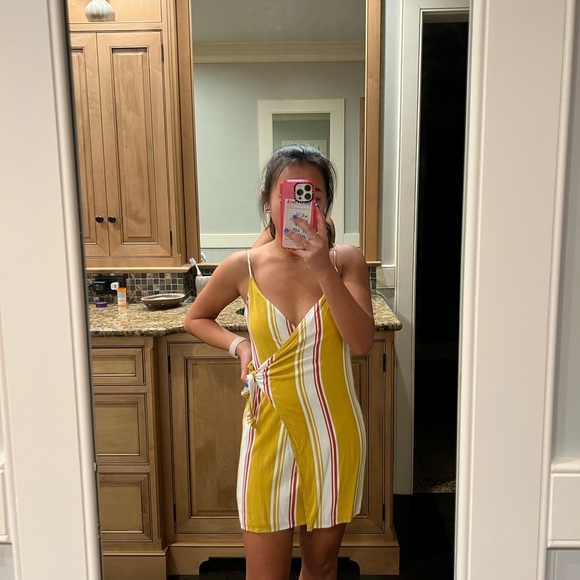 Yellow Stripe Urban Outfitters Mini Wrap Dress - Picture 1 of 4